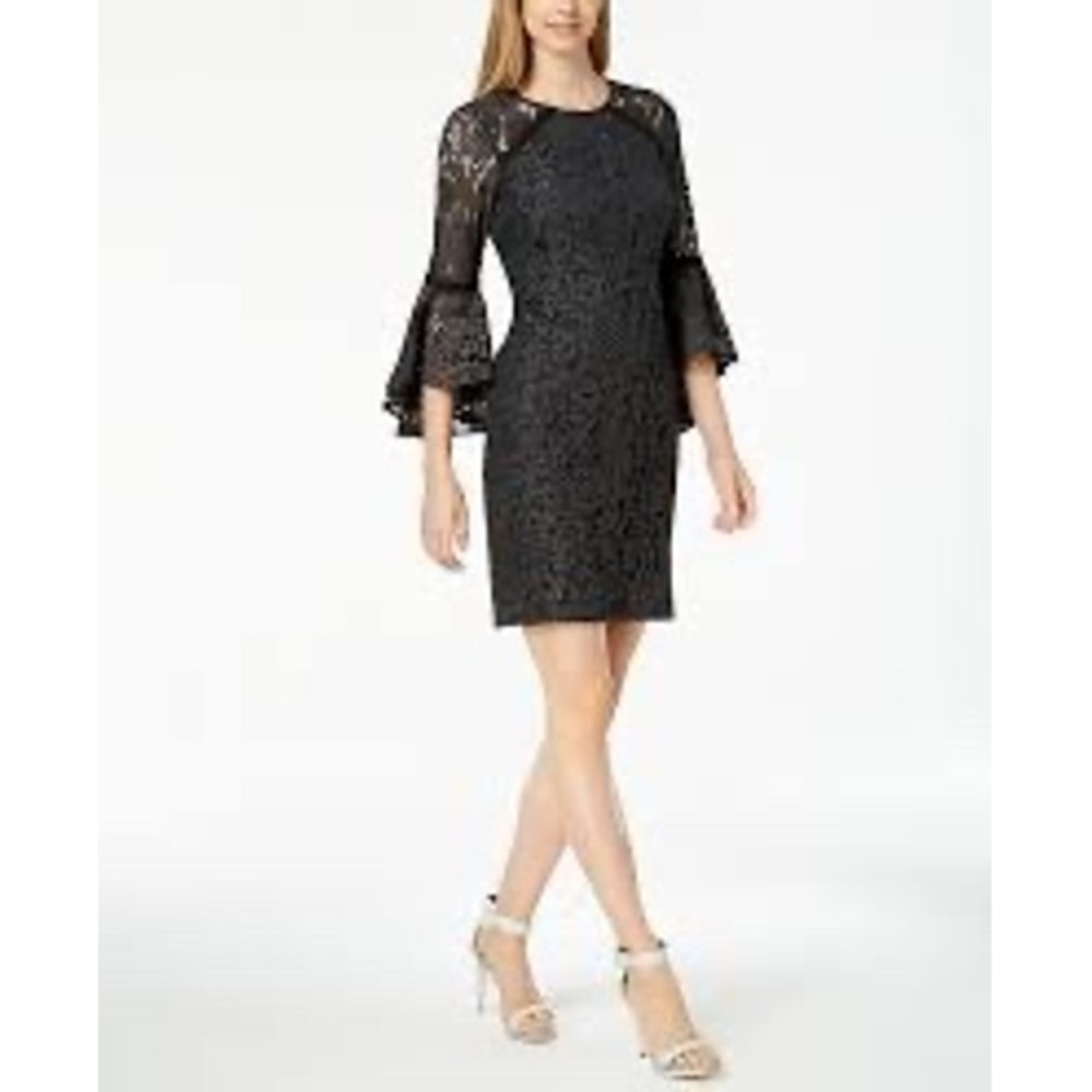 Calvin‎ Klein Black Lace Bell Sleeve Sheath Dress Size 6 Special Occasion